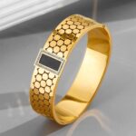 Geometric Cuff Bracelet on Wrist Stainless Steel Black Agate